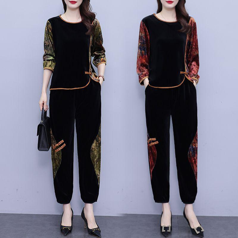 Gold Velvet Two-Piece Set for Middle-Aged Women - Spring/Autumn 2025 Fashion