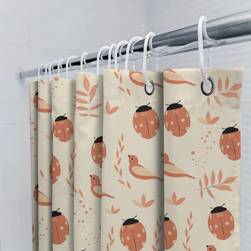 Rustic Ladybug Bird Shower Curtain For Bathroom Decor Peach Color Shaggy Fabric Waterproof Bath Mats 72 X 72 Inches (180X180Cm)