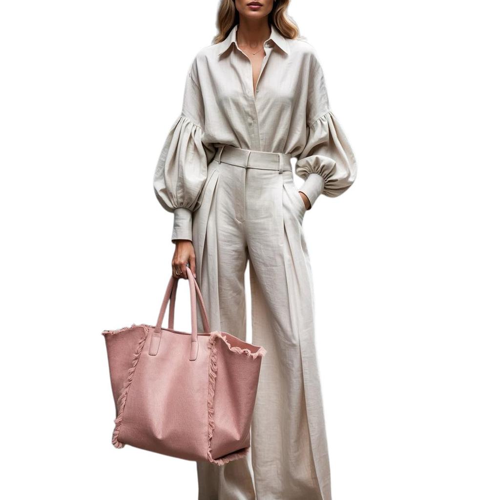 Autumn 2025 Solid Color Cotton Linen Two-Piece Set: Long Sleeve Shirt & Wide Leg Pants