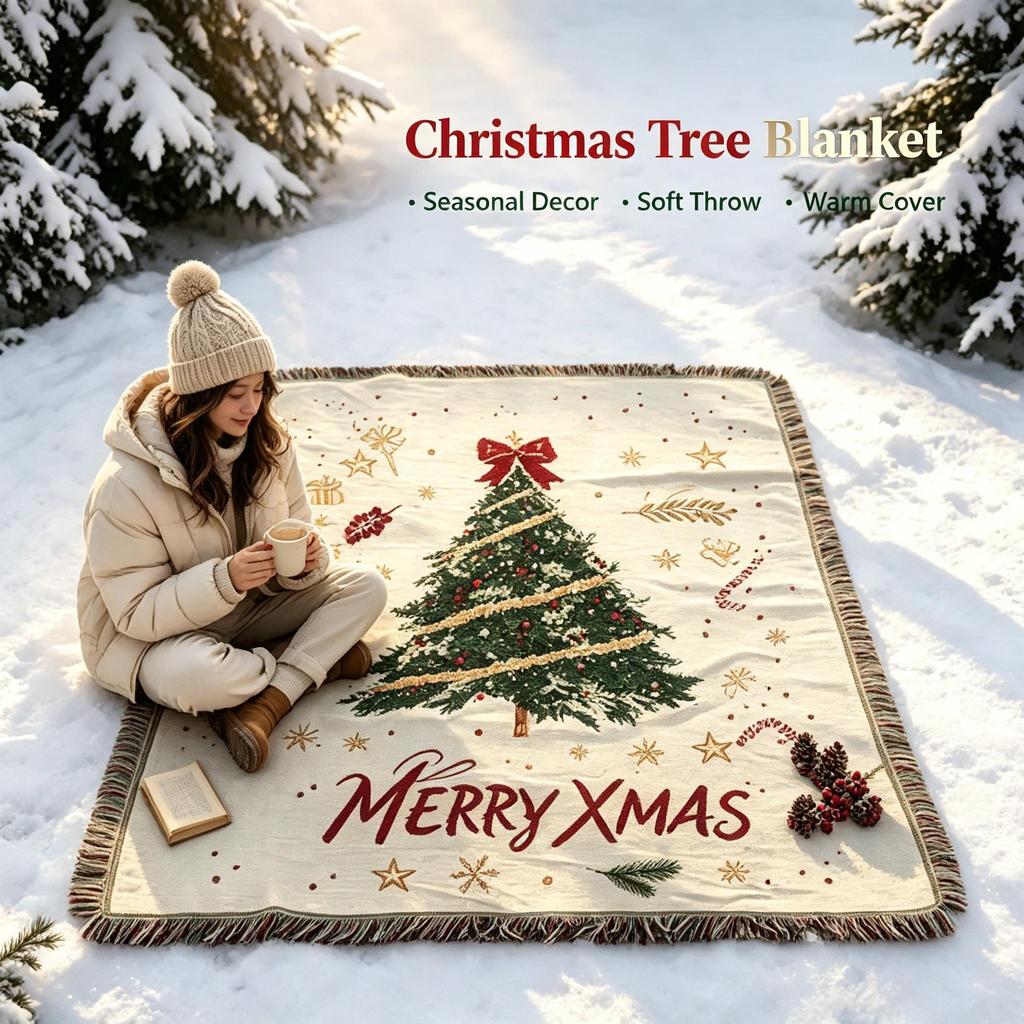 Christmas Tree Themed Throw Tapestry, X‑mas Decor Sofa Cover Bed Runner Holiday Home Decoration