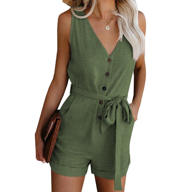 Women's Solid Color V-Neck Bow Jumpsuit - Summer 2025 Casual Capris