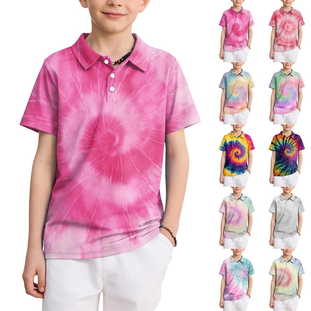 Kids Polo Shirt Short Sleeve Tie Dye Pattern Quick Dry Collared Top Lightweight Breathable Fabric Summer Casual Tee for Boys Girls