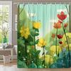 1Pc Whimsical Garden Bath Curtain - Vibrant Cartoon Scene With Tall Yellow, Red & Green Flowers, Rolling Hills & Colorful Butter