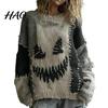Layering Sweatshirt Halloween Gruseliges Gesicht Pullover für Damen Patchwork Print Strick Frühling Herbst Winter Oberteil Langarm Rundhals Genäht Herbst Outfit