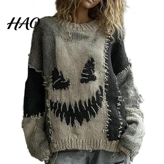 Layering Sweatshirt Halloween Gruseliges Gesicht Pullover für Damen Patchwork Print Strick Frühling Herbst Winter Oberteil Langarm Rundhals Genäht Herbst Outfit