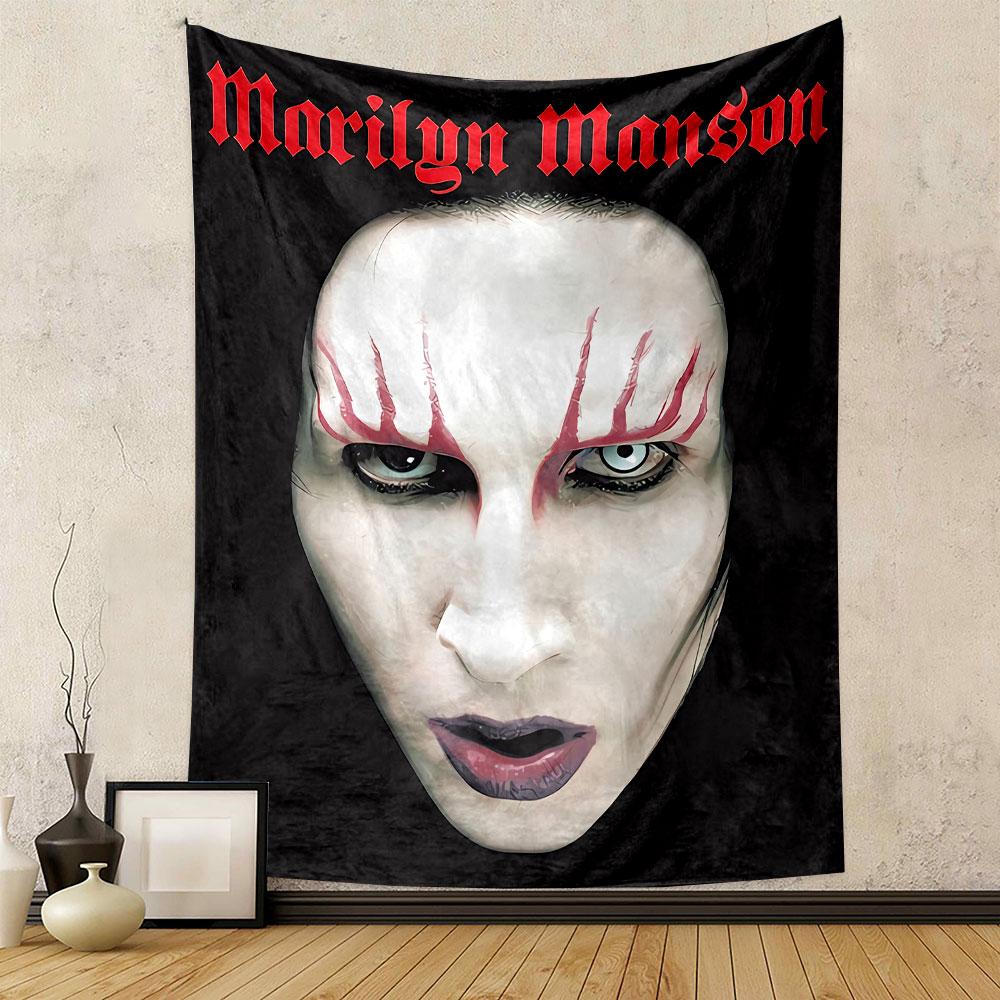 White face with red streaks around eyes and intense black-and-white details. Patterned tapestry for bedroom and living room home decor