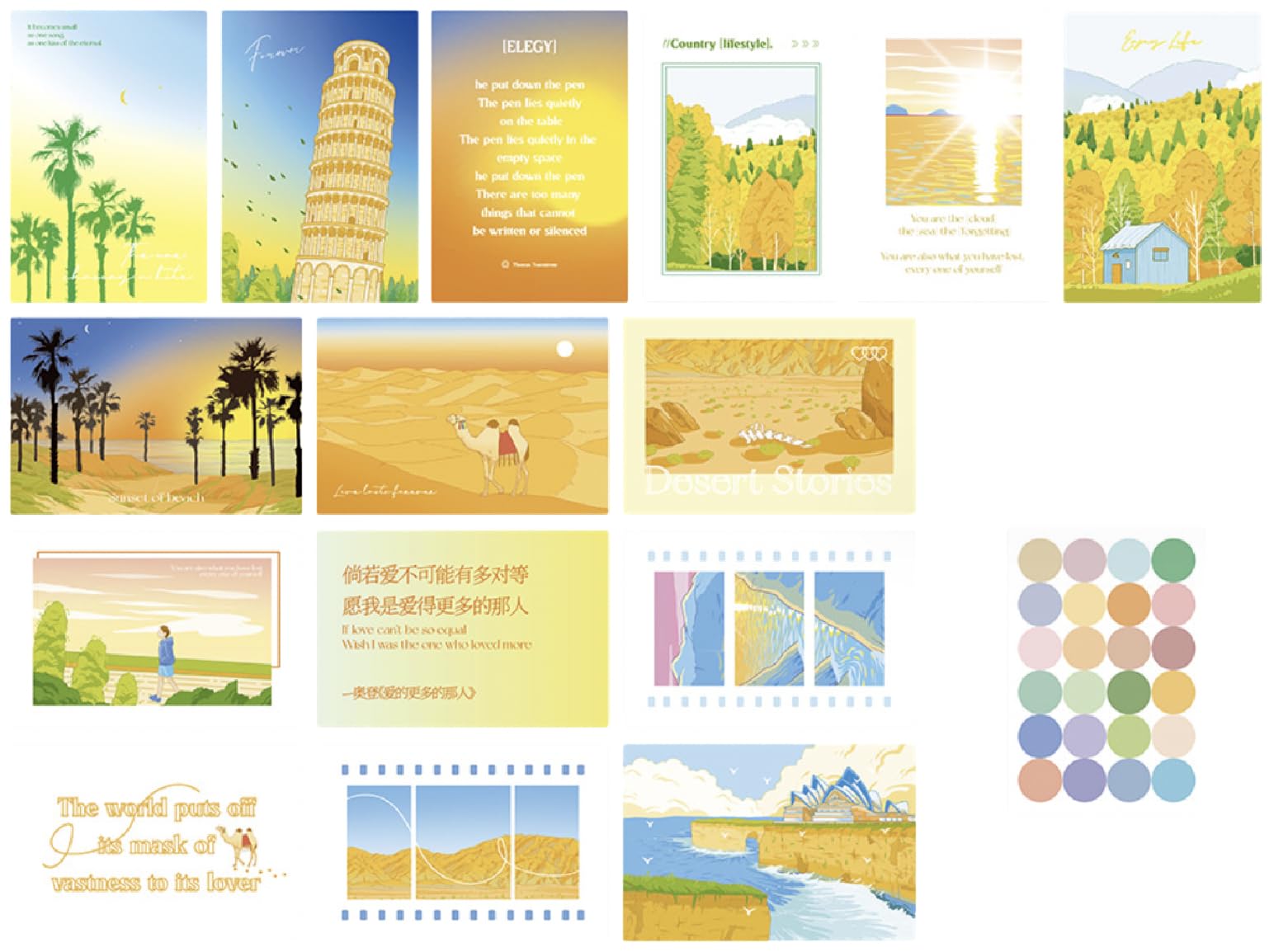 

Donalee Stylish and Cute Postcards, 15-Piece Set with Stickers, Postcard-Size, Scandinavian, Korean, and Overseas Designs, Interior Decor, Mini