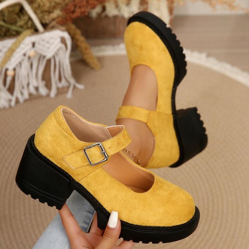 

Новые туфли на высоком каблуке Женские с круглым носком на толстой подошве с ремешком-пряжкой на одной линии на толстом каблуке Универсальные замшевые туфли Мэри Джейн 35 жёлтый