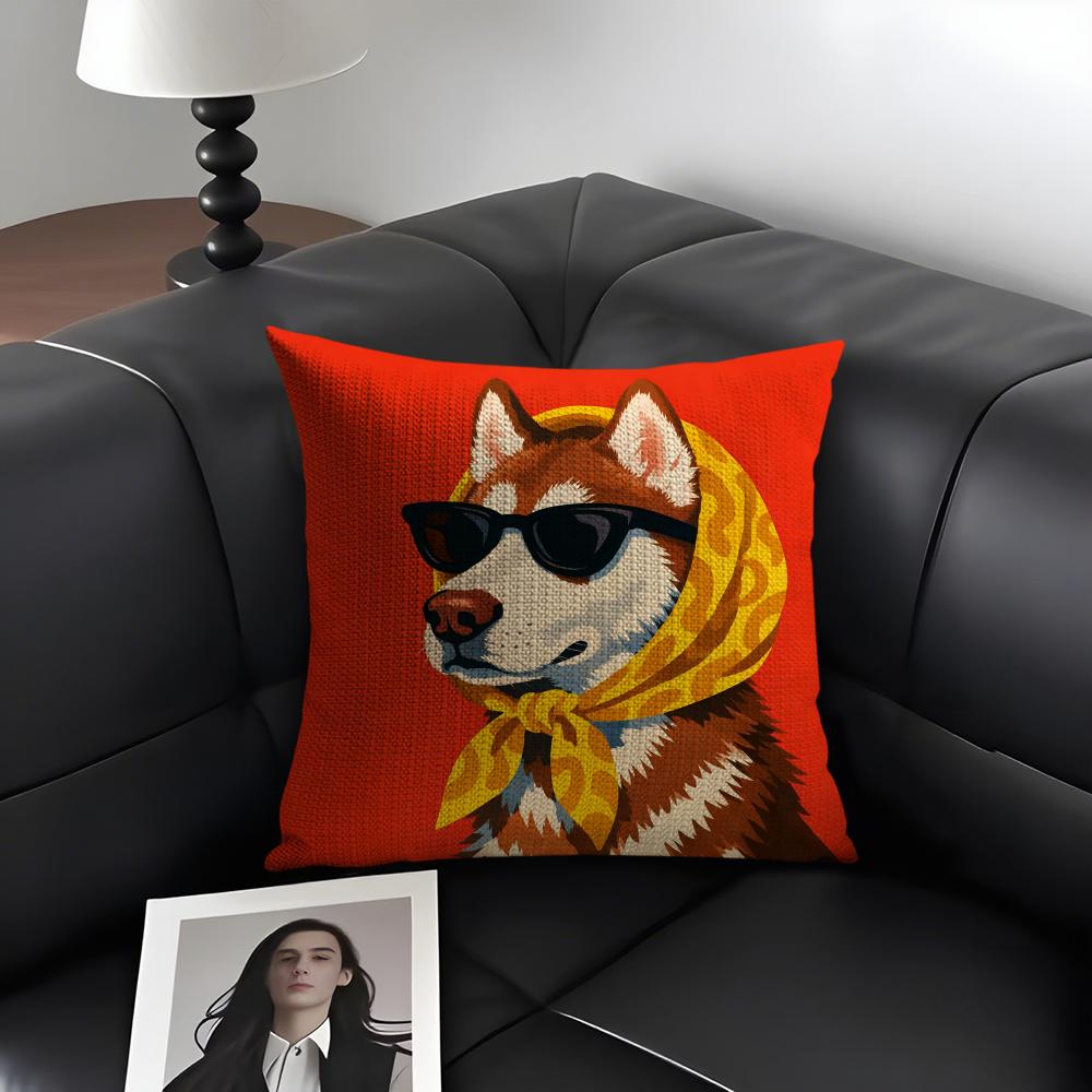 Dog Wearing A Hat Cushion Cover Summer Breathable Linen Organic Fabric Double-Sided Printing Sofa Pillow Case Home Decor