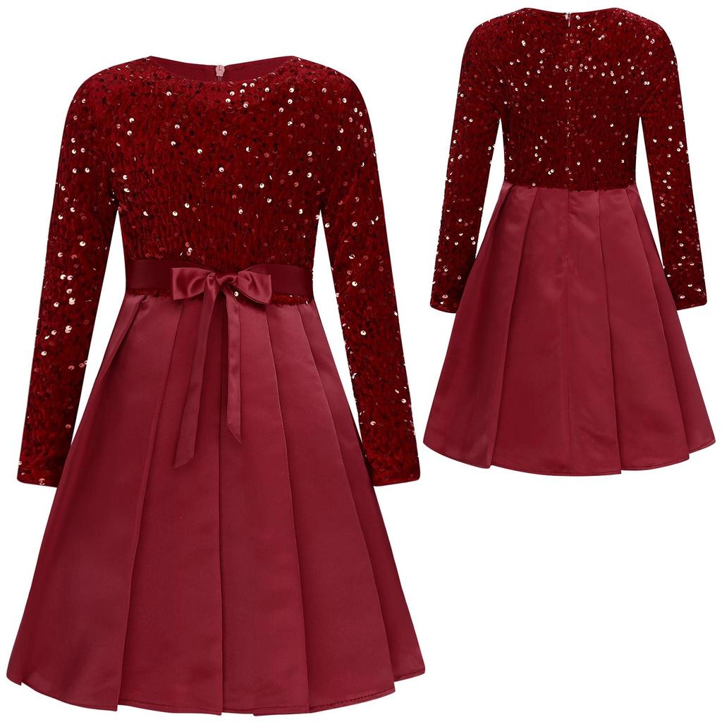 Belted Christmas Dress for Girls Knee Length Pleated Gown Glittery Sequin Round Collar Long Sleeve