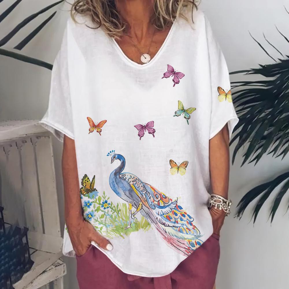 Fashion Women's T Shirt V-Neck Short Sleeve Top Women 3d Peacock Graphics Summer Plus Size Everyday Casual Female Clothing 5XL