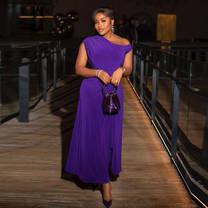 

African Women s Wear Dress Fashion New Arrival Pure Color off-the-Shoulder Tight Waist Black Dress Dress Women s Summer Purple S
