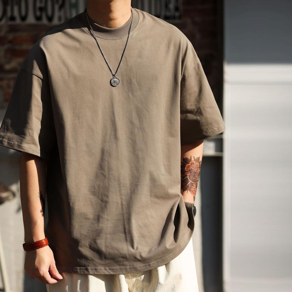 Heavy Small Neckline Short-sleeved T-shirt Men's Loose Summer Casual Solid Color Anti-wrinkle Large Size T-shirt