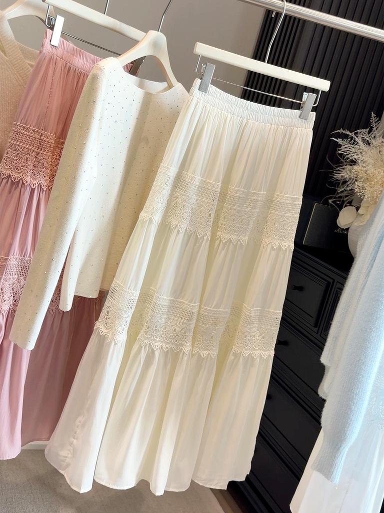 French Chic Hollow Lace Splicing High-Waisted A-Line Skirt - Women's Early Spring Casual Slim Fit