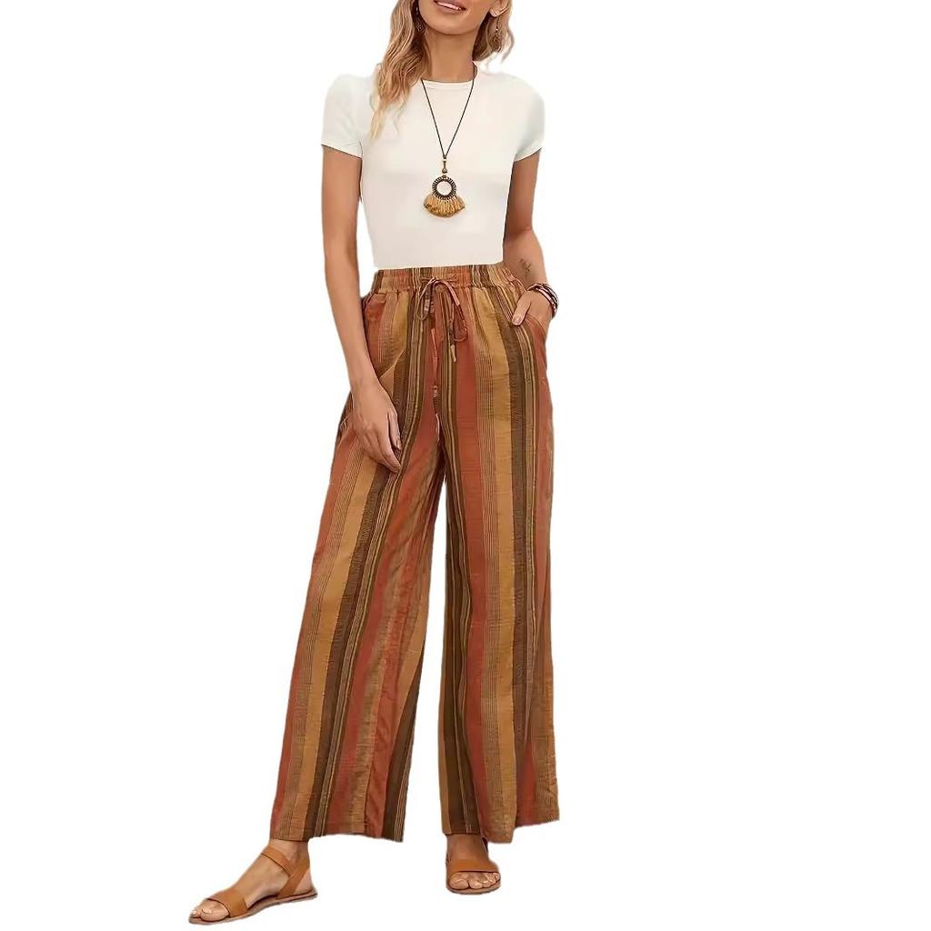 Summer Women's Plus Size Striped Loose Harlem Pants Retro Literary Casual Pant