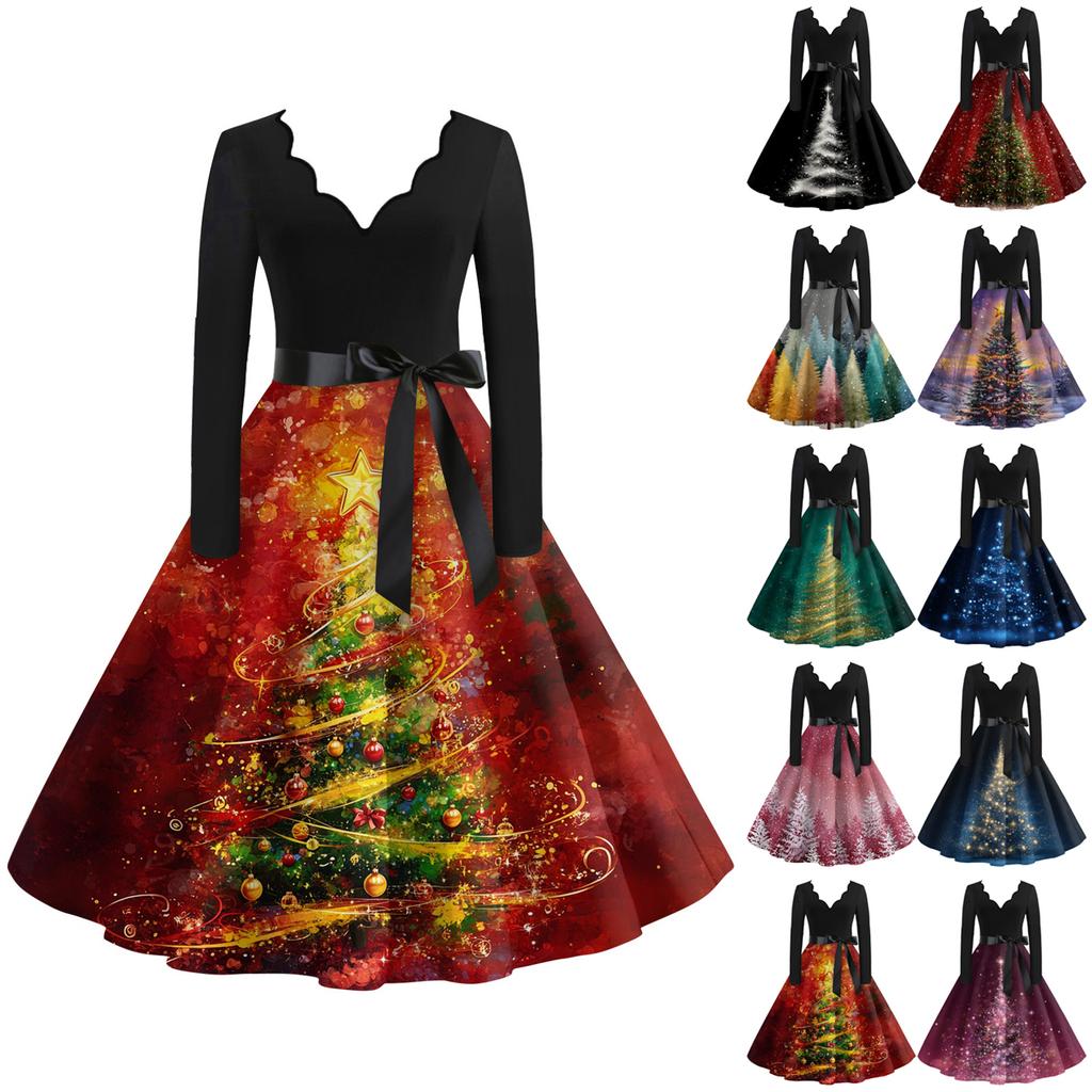 Women's Casual Fashion V Neck Long Sleeve Christmas Printed Party Vintage Long Dresses