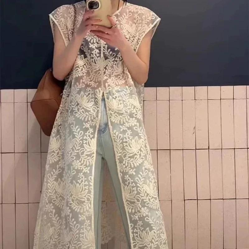 Summer Sleeveless Sexy Women Dresses Y2k Aesthetic Embroidery Flower Dress Fairy Harajuku Lace Split Grunge Vestidos