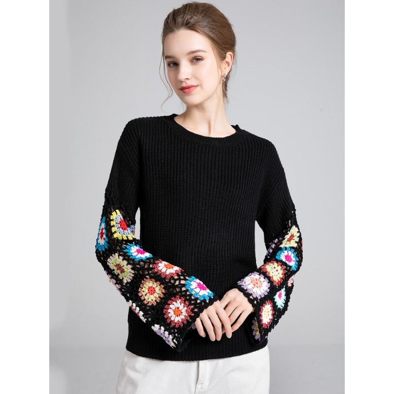 Høst og Vinter Dame Strikk Blussermermer Håndlaget Hul Blandet Farge Heklet Genser Rund Hals Pullover Topper