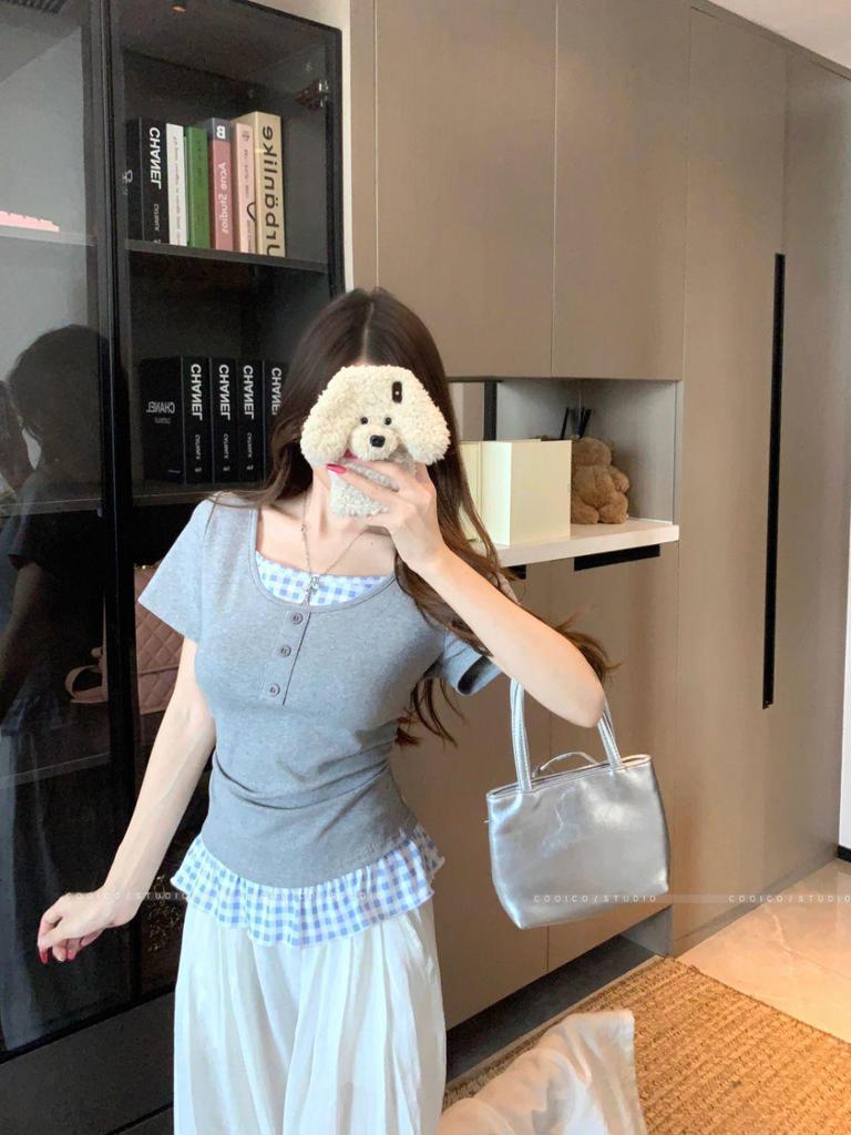 Women's Plus Size Summer Patchwork Faux Two-Piece Short Sleeve T-Shirt - Slimming Loose Fit