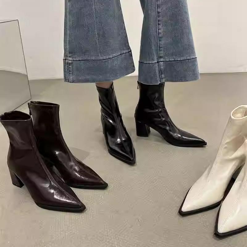 Autumn and winter pointed head thin thick heel middle heel short boots rear zipper versatile high heel thin boots women's shoes