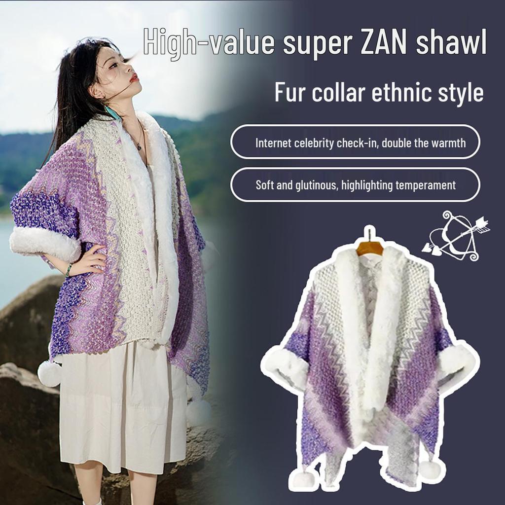 Ethnic Style Faux Fur Shawl Poncho with Sleeves - Women's Thickened Yunnan Travel Scarf