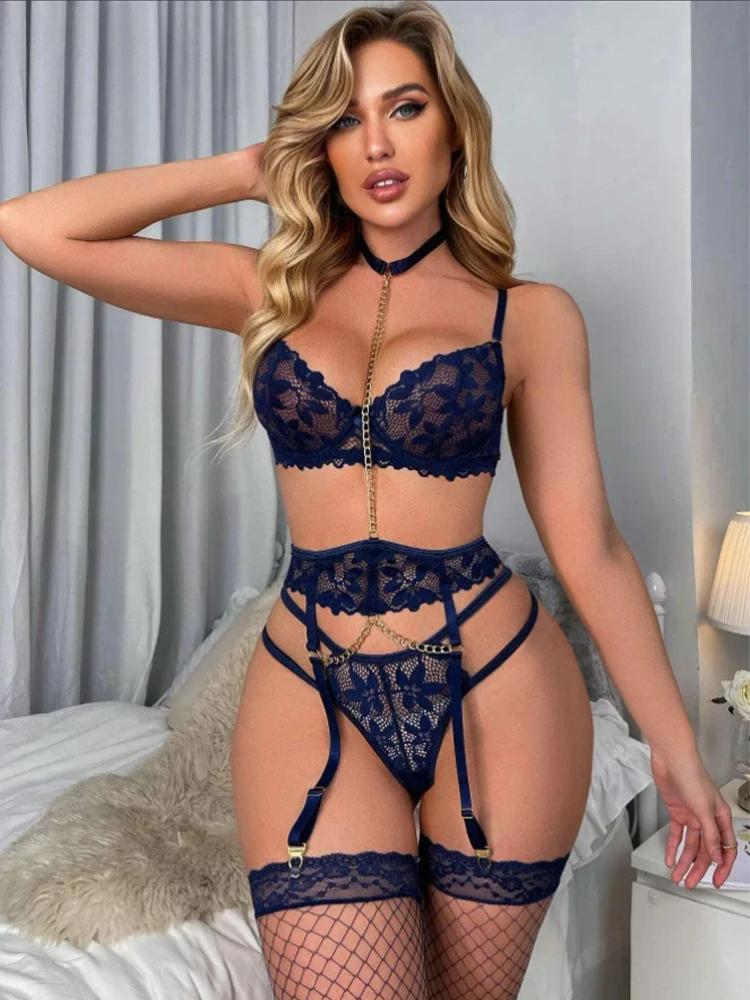 See Through Exotic Kit Sexy Bra Set Floral Strap Lingerie Lace Embroidery Fairy Seamless Open Anal Underwear Women Bra Brief Kit