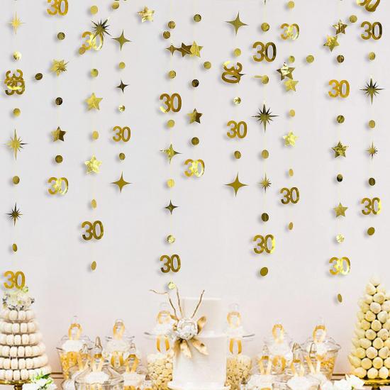 Gold 30th Birthday Decorations Number 30 Circle Dot Twinkle Star Garland Metallic Hanging Streamer Bunting Banner Backdrop for Her Happy Dirty 30