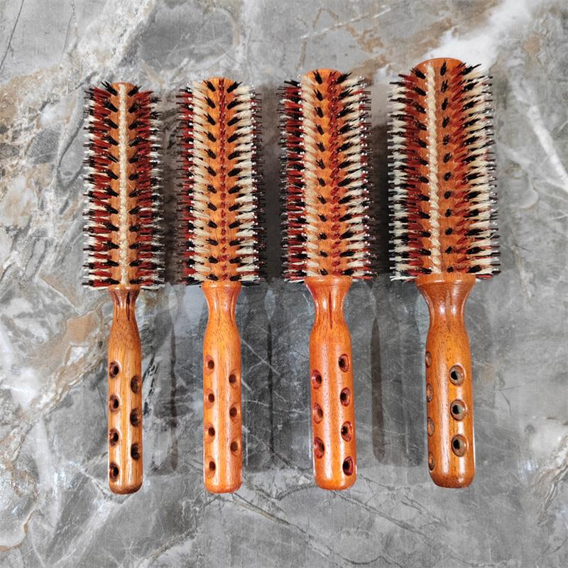 Hair Drying Styling Curly Barber Dye Rubber Wood Comb Boar Bristle Round Brush With Natural Wooden Handle