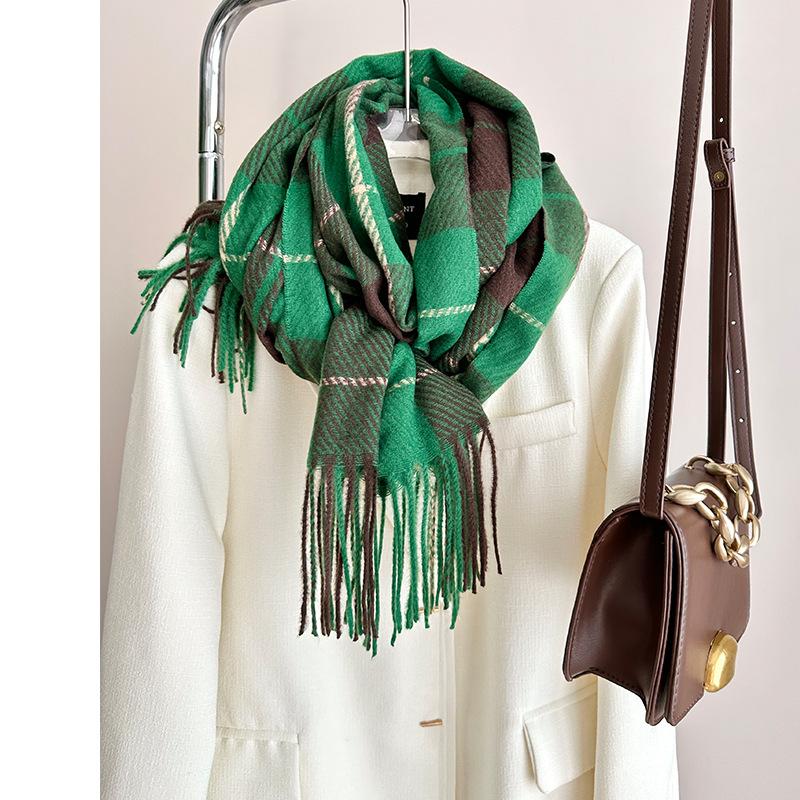 Red and Green Plaid Imitation Cashmere Scarf Autumn and Winter Couple Warm Fringed Big Shawl Tide