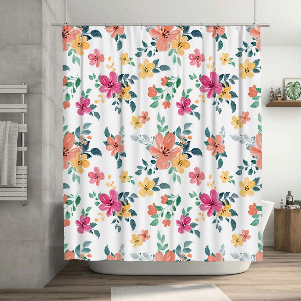 Watercolor Floral Shower Curtain Set Bathroom Decor Pink Yellow Green Red Orange Blossom Flower Printed White Bath Mat Sets Home