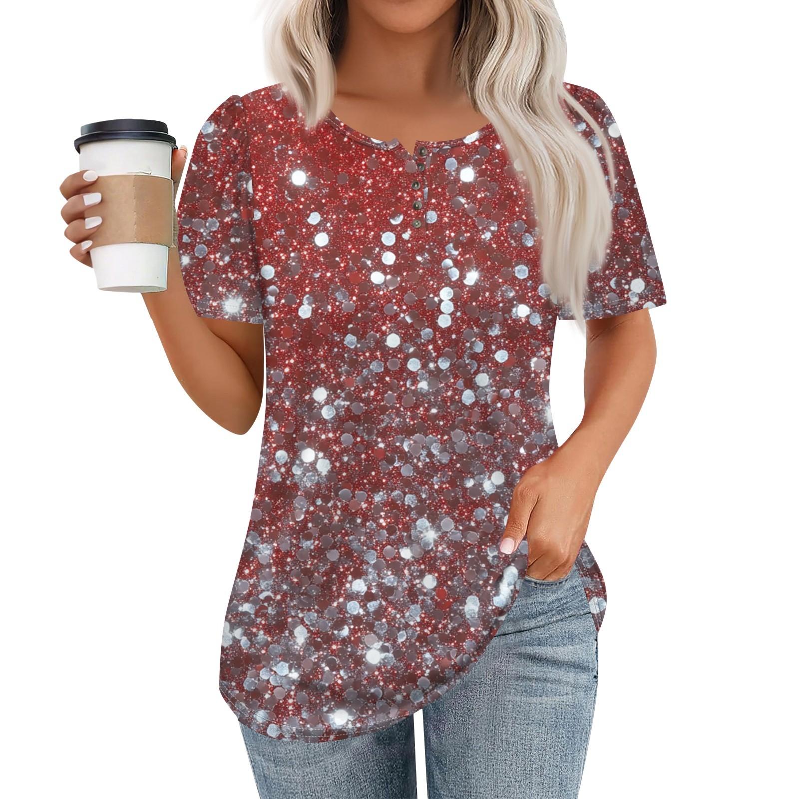 

Women s Fashionable Casual Short Sleeve Button Print Round Neck Pullover Top L Кіновар