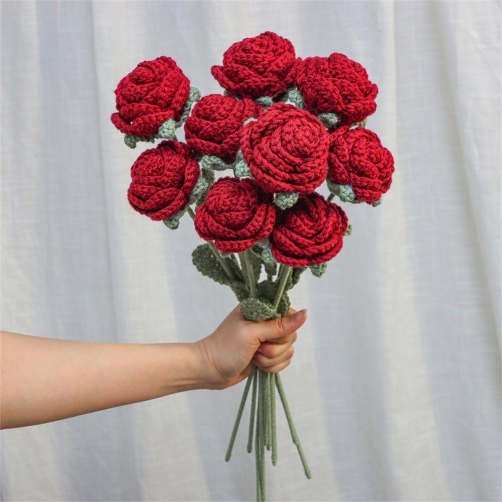 1/5/9pcs Hand Knitted Fake Rose Flowers Crochet Woven Rose Flower Bouquet  Mother's Day