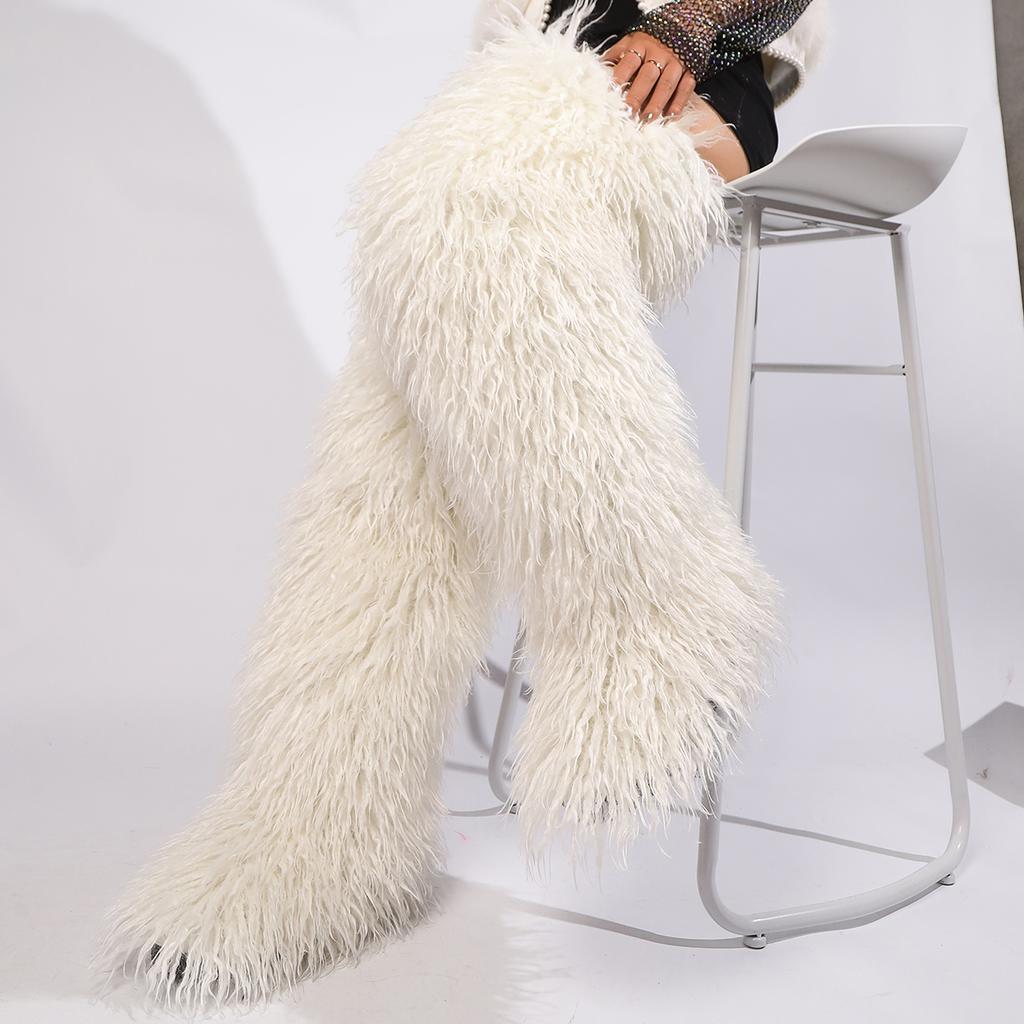 Thigh High Fluffy Boots Ladies Women Winter Furry Faux Fox Fur Long Warm Shoes Girls New Designer Plush Knee High Fur Boots