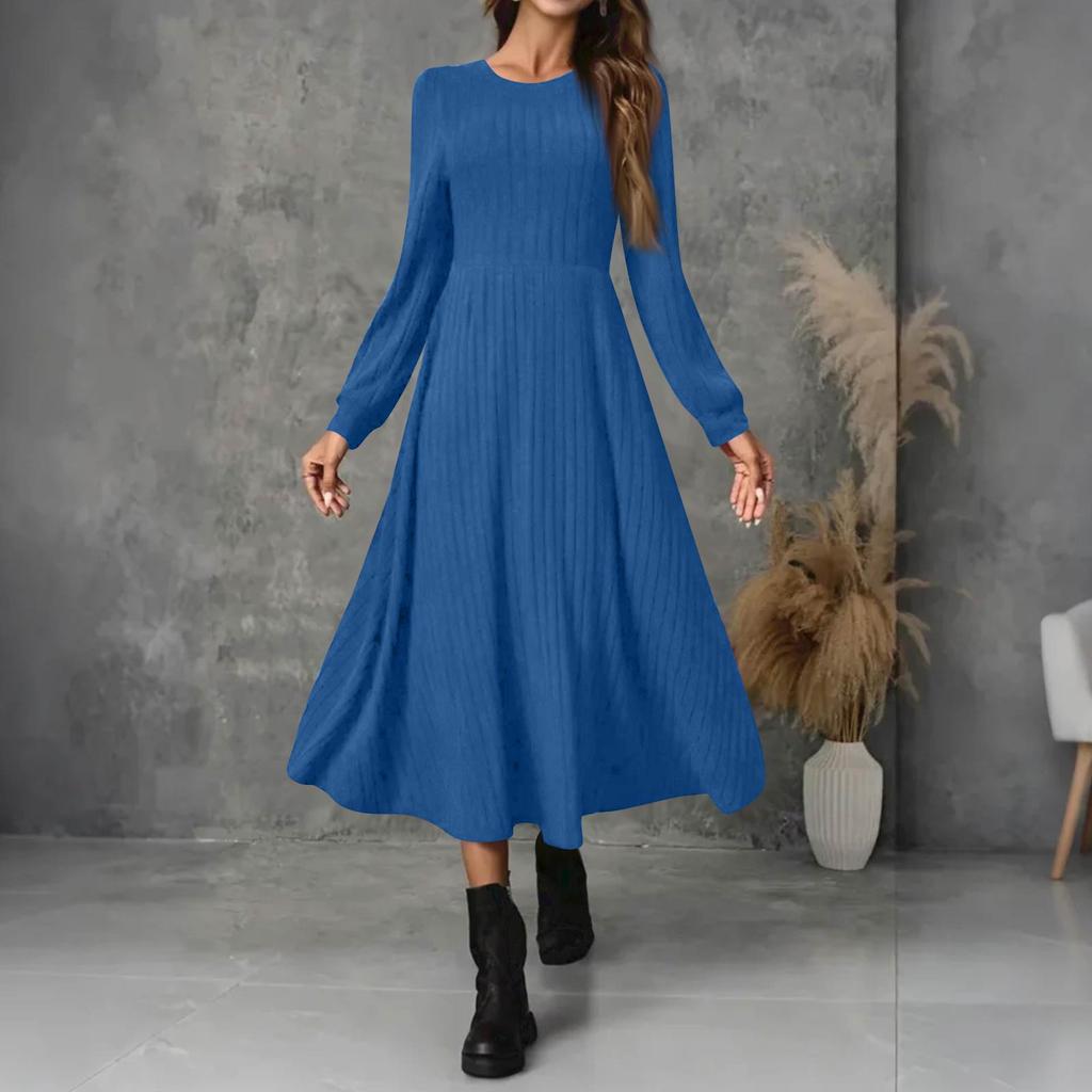 Dámské módní maxi šaty s kulatým výstřihem, dlouhým rukávem, jednobarevné, ležérní, s žebrovaným lemem a třásněmi