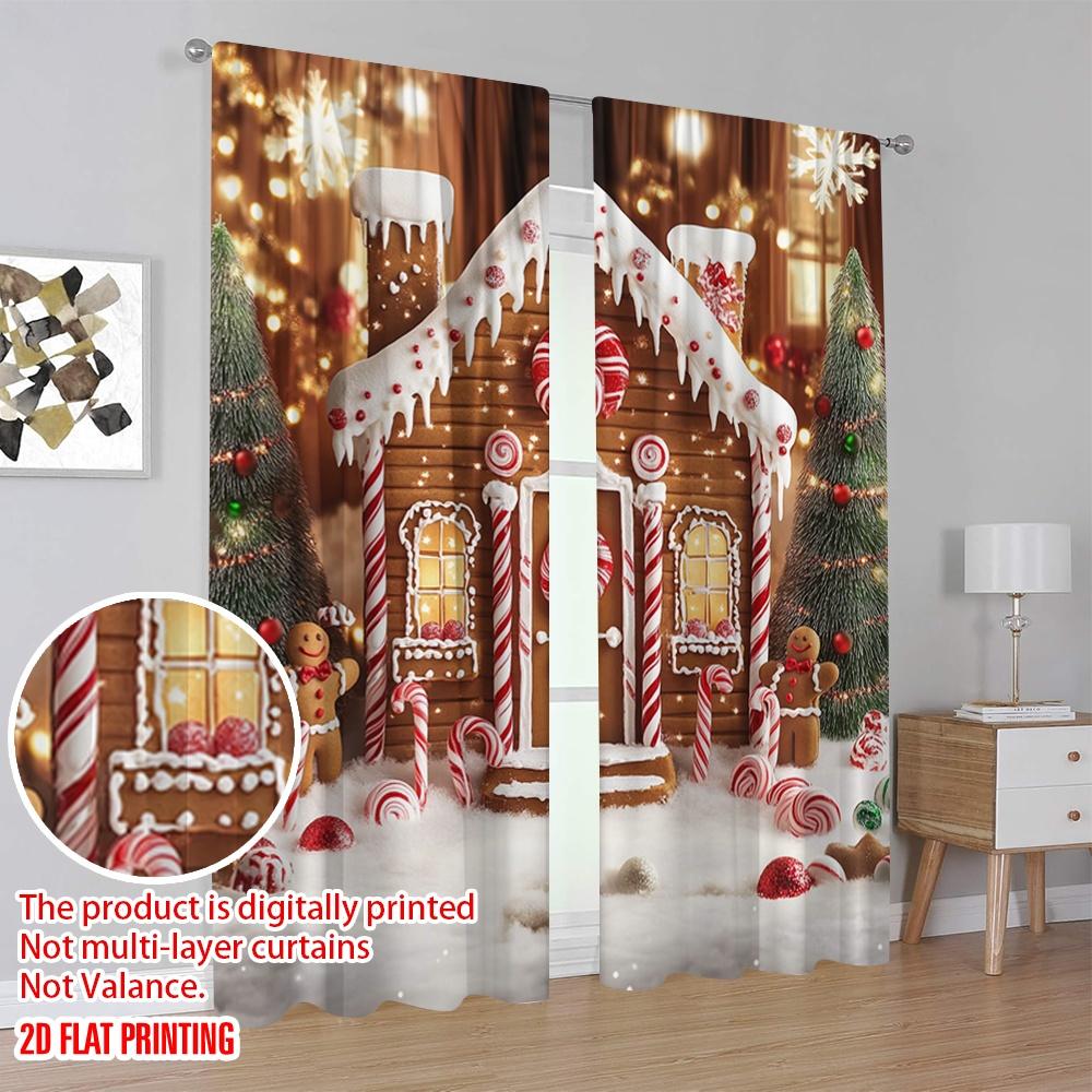 2 Stück 2D FlachdruckWeihnachts-Wintervorhänge Lebkuchenhaus Frohe Weihnachten Schnee Baum Heiligabend Party Schneeflocke Geeignet für Schlafzimmer