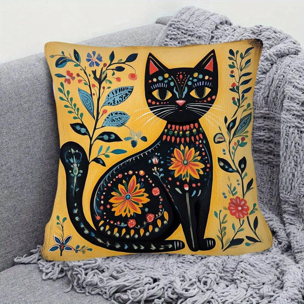 1Pc Folk Art Style Floral Black Cat Printed Throw Pillow Cover,Suitable For Sofa,Bedroom,Living Room,Unique Gift For Cat Lovers