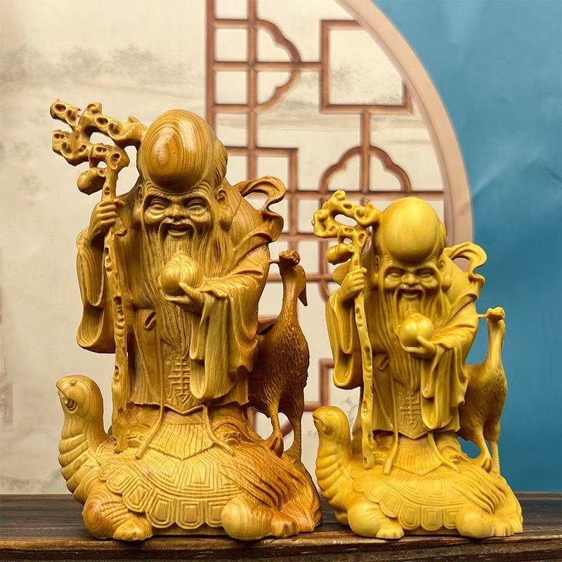 Natural Cypress Riding Turtle Longevity Star sculptures and figurines wood carving  Home Room Office Wealth Luck Feng Shui Decor