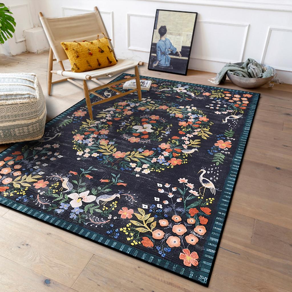 Living Room Carpet Large Size Bedside Floor Mat Non-slip Carpets Machine Washable Rug Retro Floral Print Home Decoration Rugs