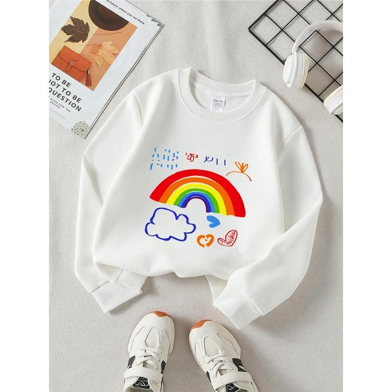Kids Unisex Crewneck Sweatshirt, Kids Hand Drawn Rainbow Cloud Hearts Doodle Print Soft Fleece Pullover For Kids Over 4 Years Old