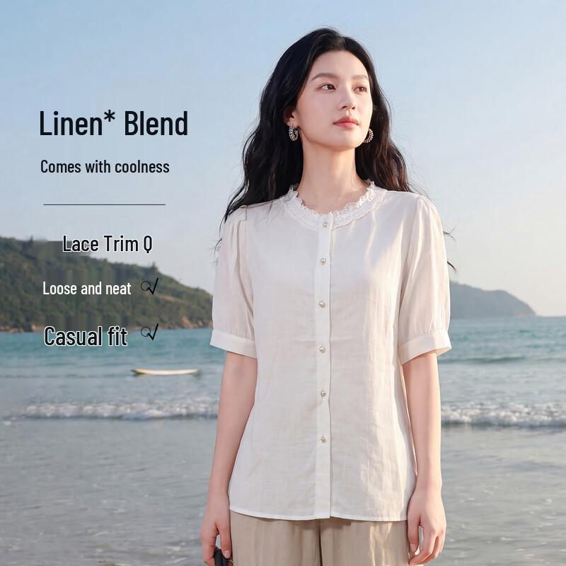 FivePlus Lace Collar Linen Blend Short Sleeve Shirt M