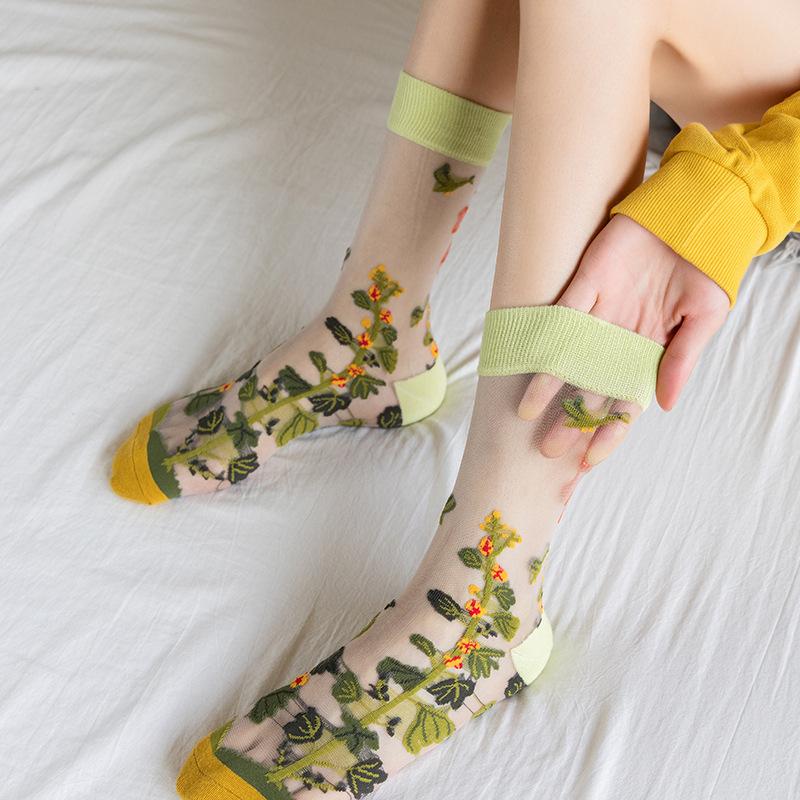 3 Pares Nuevos Set de Calcetines Transparentes Lindos de Gato para Mujer Coreanos Florales Animales Verano Delgados Kawaii Set de Calcetines de Seda para Mujer