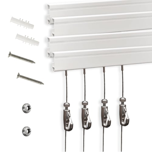 Picture Rail Wall Mounting System (Concealed Type) ? Art Display Rail Set (4 x 60cm Rails, 4 x 2m Wire Hooks, Mounting Hardware, and Track Caps)