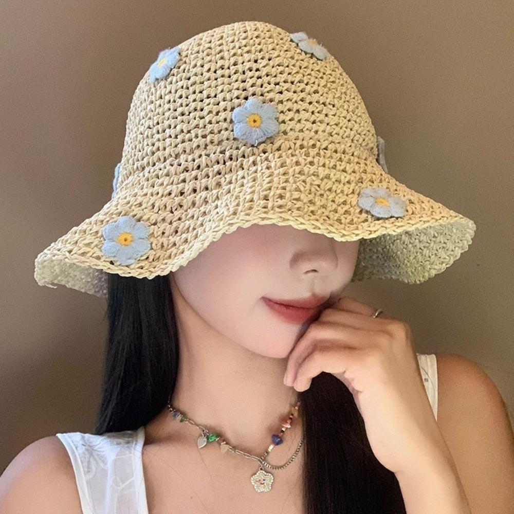 Lovely Foldable Straw Hat Sun Protection Little Flowers Fisherman Cap UV Protection Breathable Panama Cap Beach