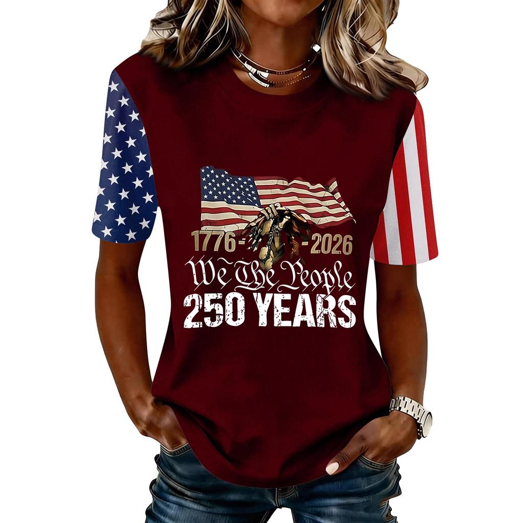 Blusa Feminina da Moda Casual de Manga Curta com Estampa e Gola Redonda