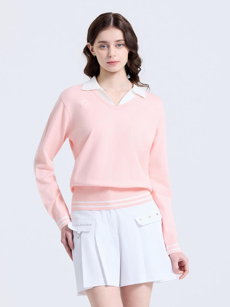 CHALLENGER Women'S Layered Collar V-Neck Knit Pullover Light Pink