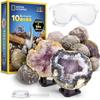 Set of 10 National Geographic Premium Geodes with Safety Goggles and Display See the STEM Science Geology Crystal Breaking Toy for Boys and Stand.
