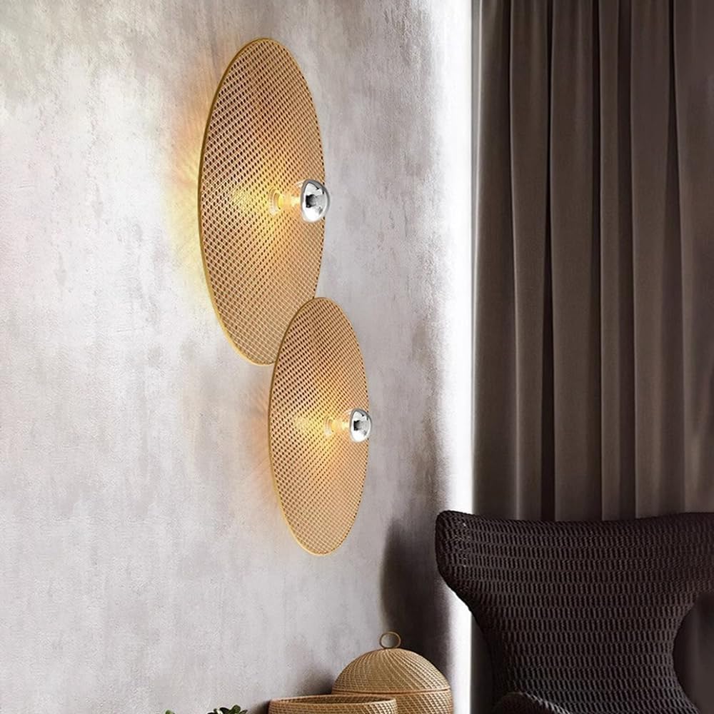 Round Rattan Wall Sconce Rustic Wall Light Handwoven Wall Sconces Lighting Fixture Vintage Circular Wall Mount Lights Living Room Wall Sconces