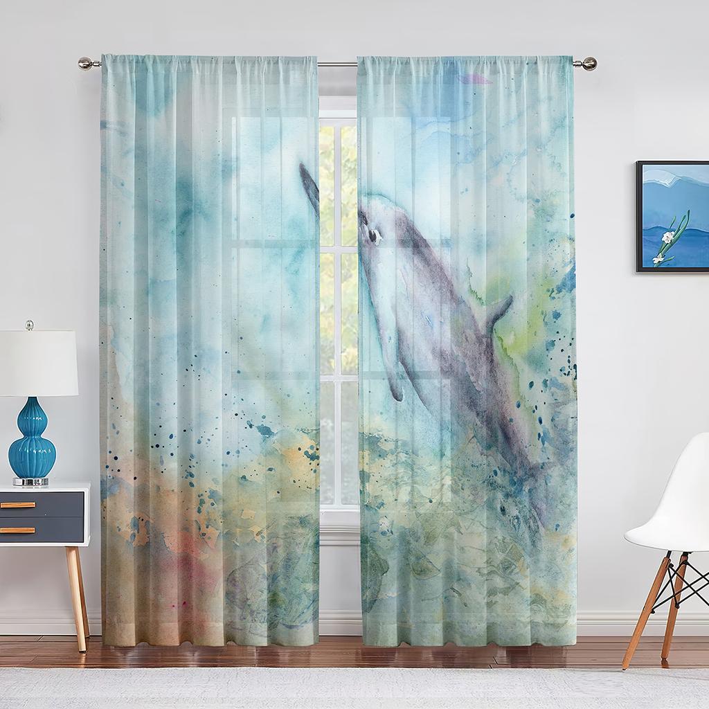 Cartoon Ocean Animal Sheer Voile Curtain Dolphin Sea Lion Whale Window Tulle Curtains for Living Room Kids Bedroom Kitchen Decor