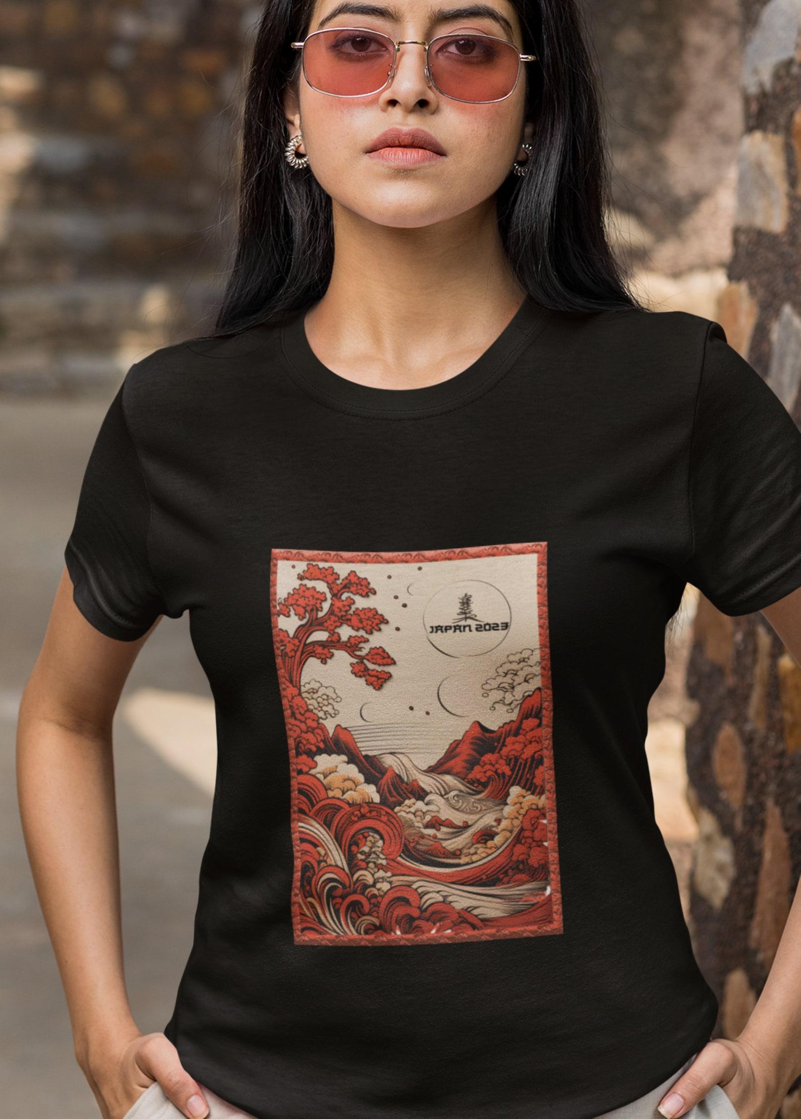Japanese River View T-Shirt: Hokusai Style Art, Lotus & Mountain Design S