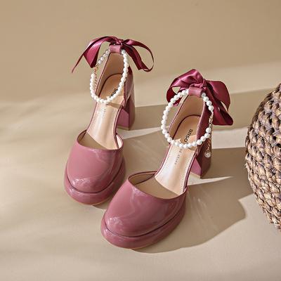 Chaussures Mary Jane pour femmes à talons épais 2024 printemps et automne nouvelle niche française chaussures simples à nœud en perles talons hauts de style féerique